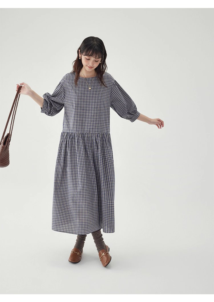日系格紋燈籠袖洋裝女秋季新款寬鬆純棉a字裙