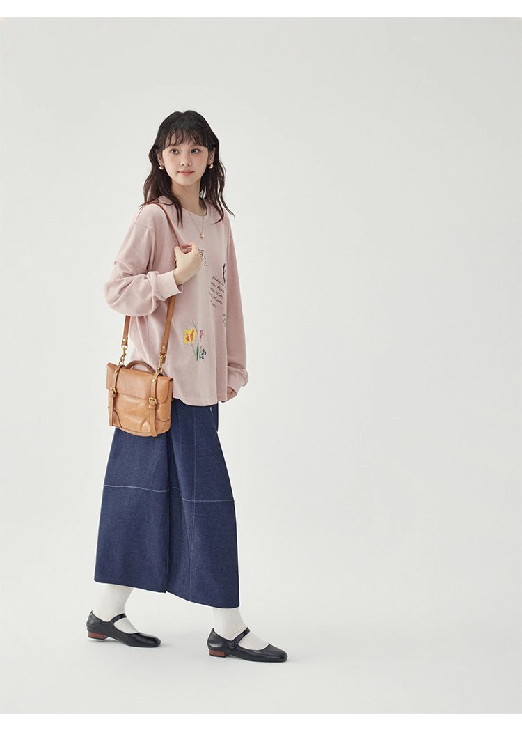 減齡印花落肩長袖粉紅T恤女秋新款寬鬆百搭上衣