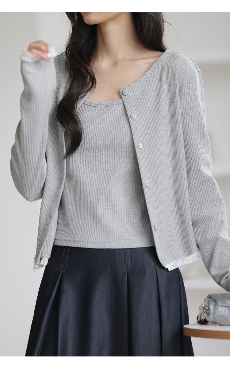 大尺碼灰色針織衫女吊帶背心初秋穿搭氣質套裝兩件式上衣