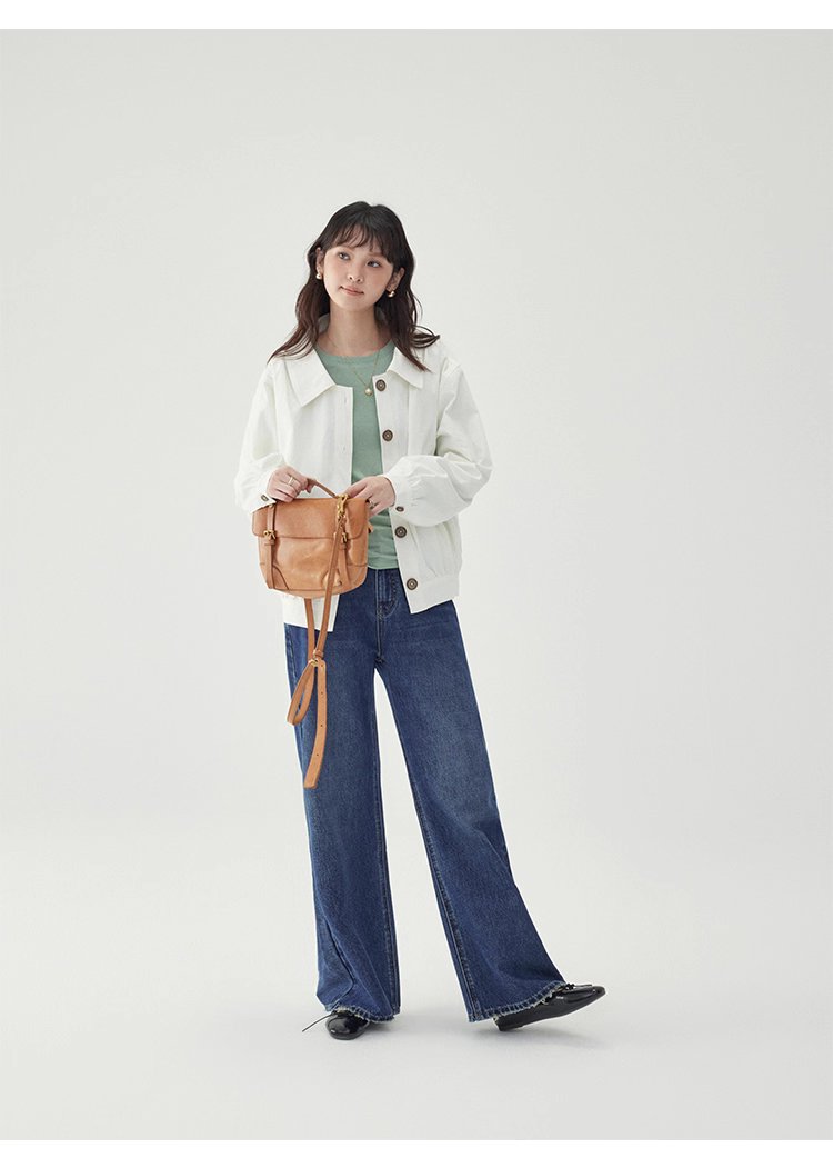 白色單排扣polo領長袖外套女25秋季新款寬鬆上衣