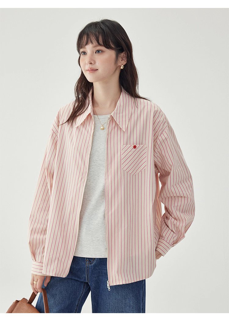 粉紅色圖案雙拉鍊長袖襯衫女秋季新款純棉外套上衣