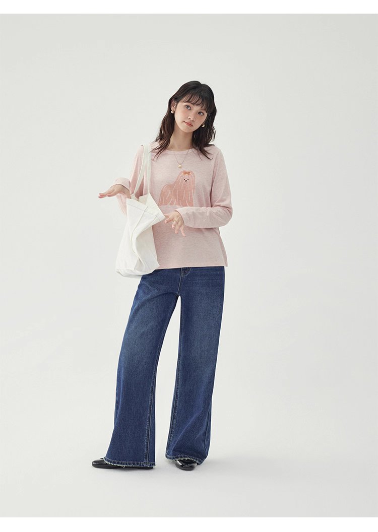 粉紅小狗印花長袖T恤女25秋季全新寬鬆減齡上衣