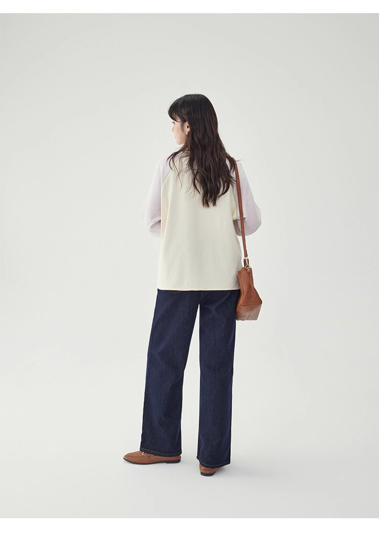 撞色插肩長袖側開叉T恤女秋季新款減齡刺繡上衣