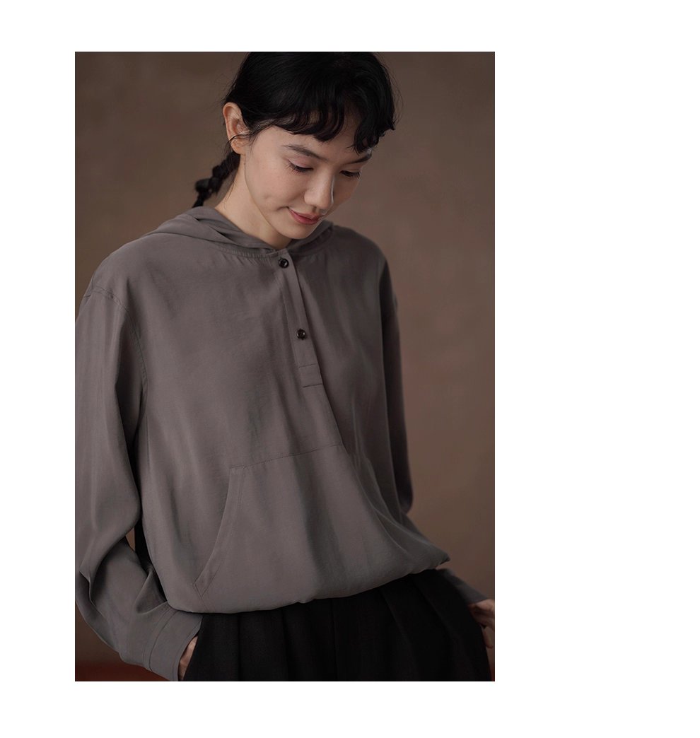 垂爽絲滑綿軟手感顯瘦寬鬆上衣半門襟休閒連帽長袖襯衫