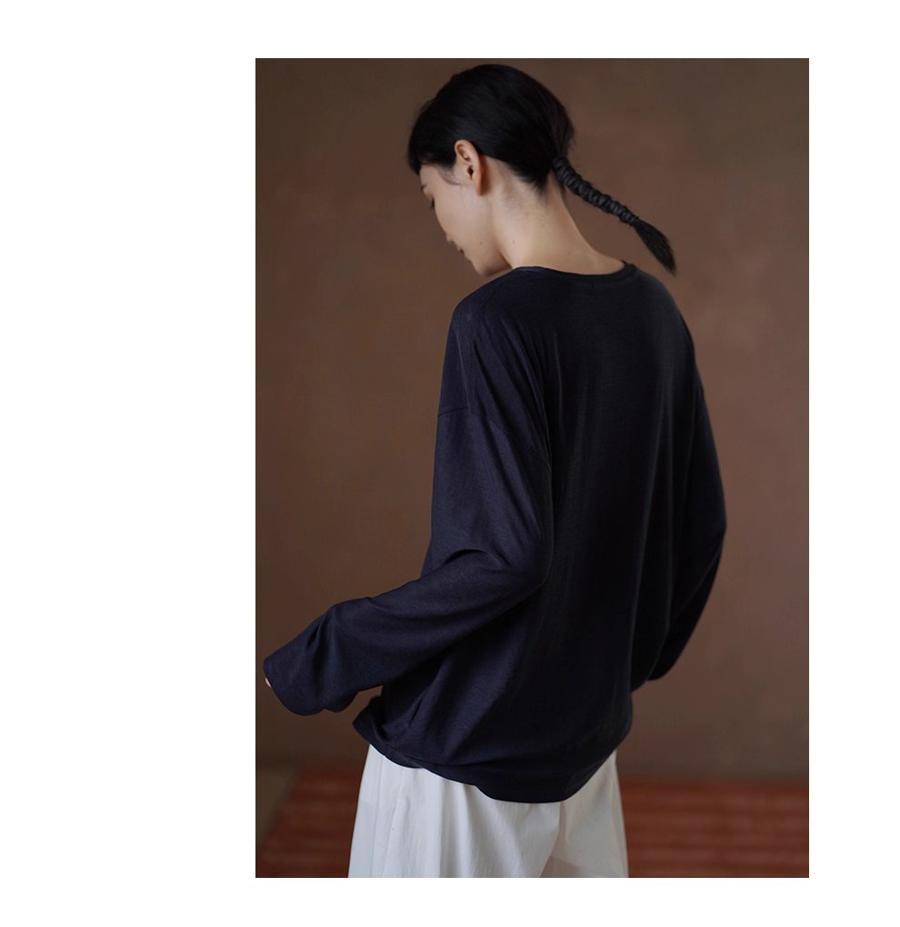 高品質桑蠶絲棉亞麻混紡竹節麻肌理感寬鬆顯瘦長袖T恤女