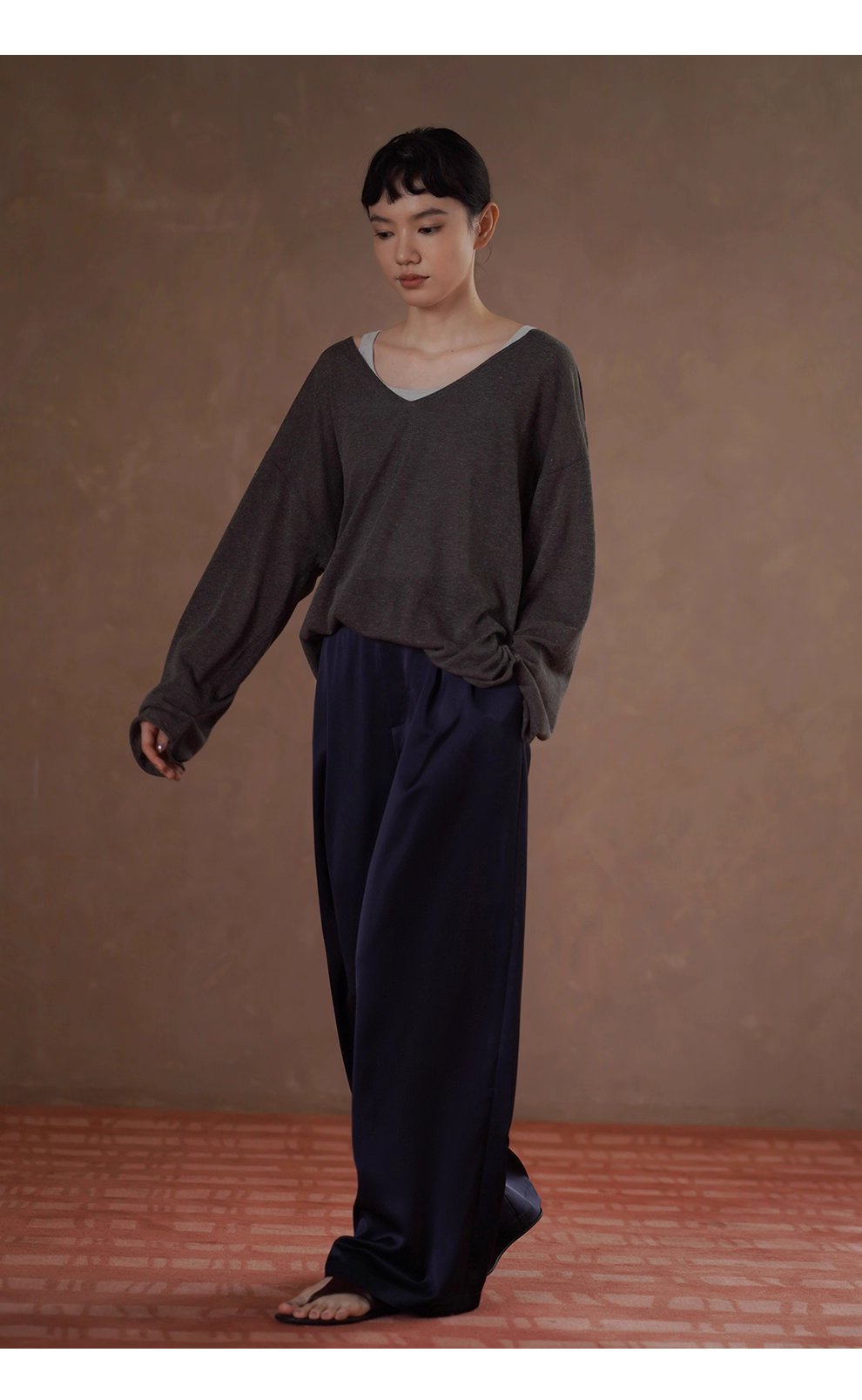 紙片人V領慵懶罩衫清爽天絲亞麻紗線寬鬆顯瘦長袖上衣女