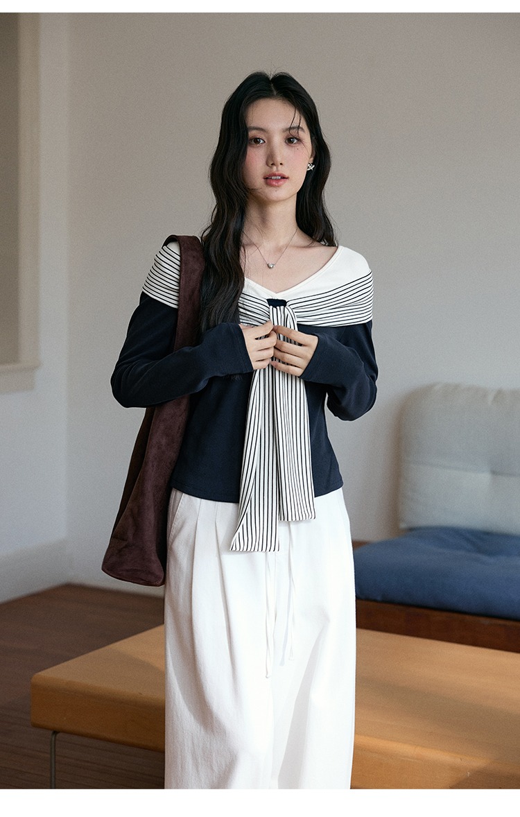 大尺碼條紋飄帶拼接T恤女秋季海軍風上衣