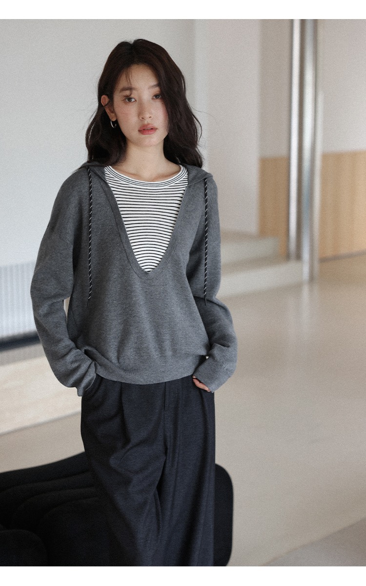 大尺碼條紋拼接假兩件連帽針織衫秋裝韓系慵懶上衣
