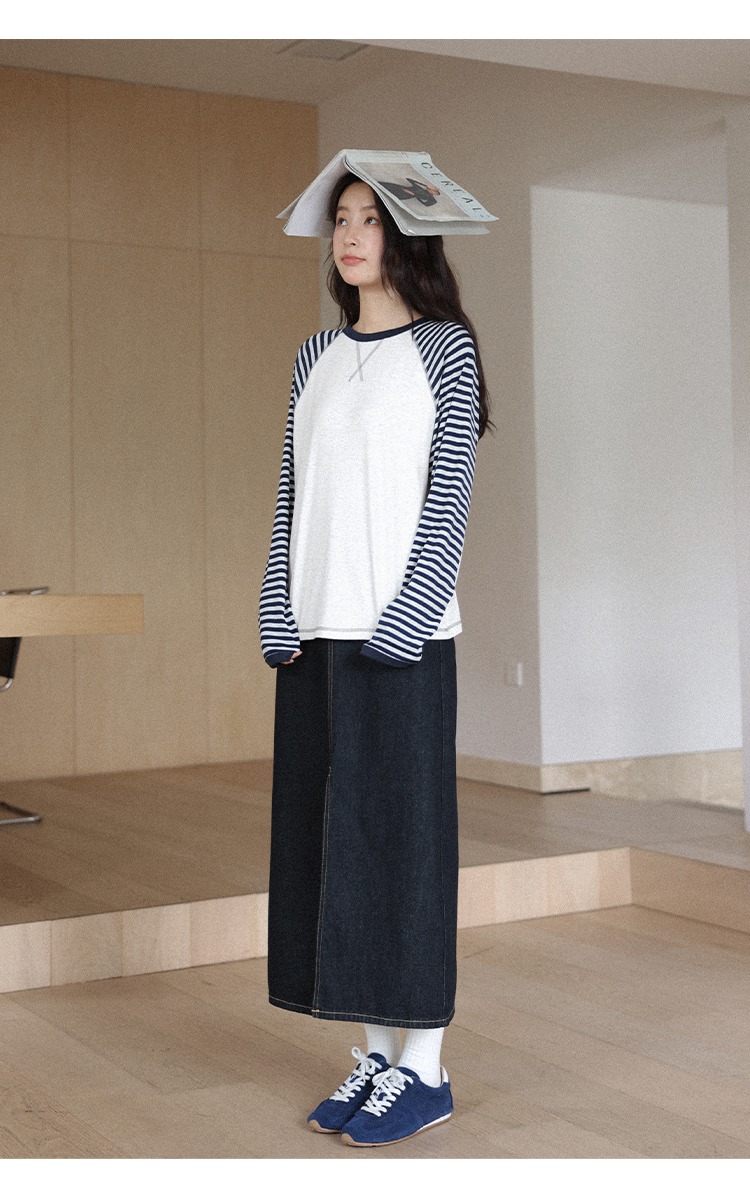 條紋長袖花灰色T恤女2025全新內搭秋裝大尺碼遮肚上衣