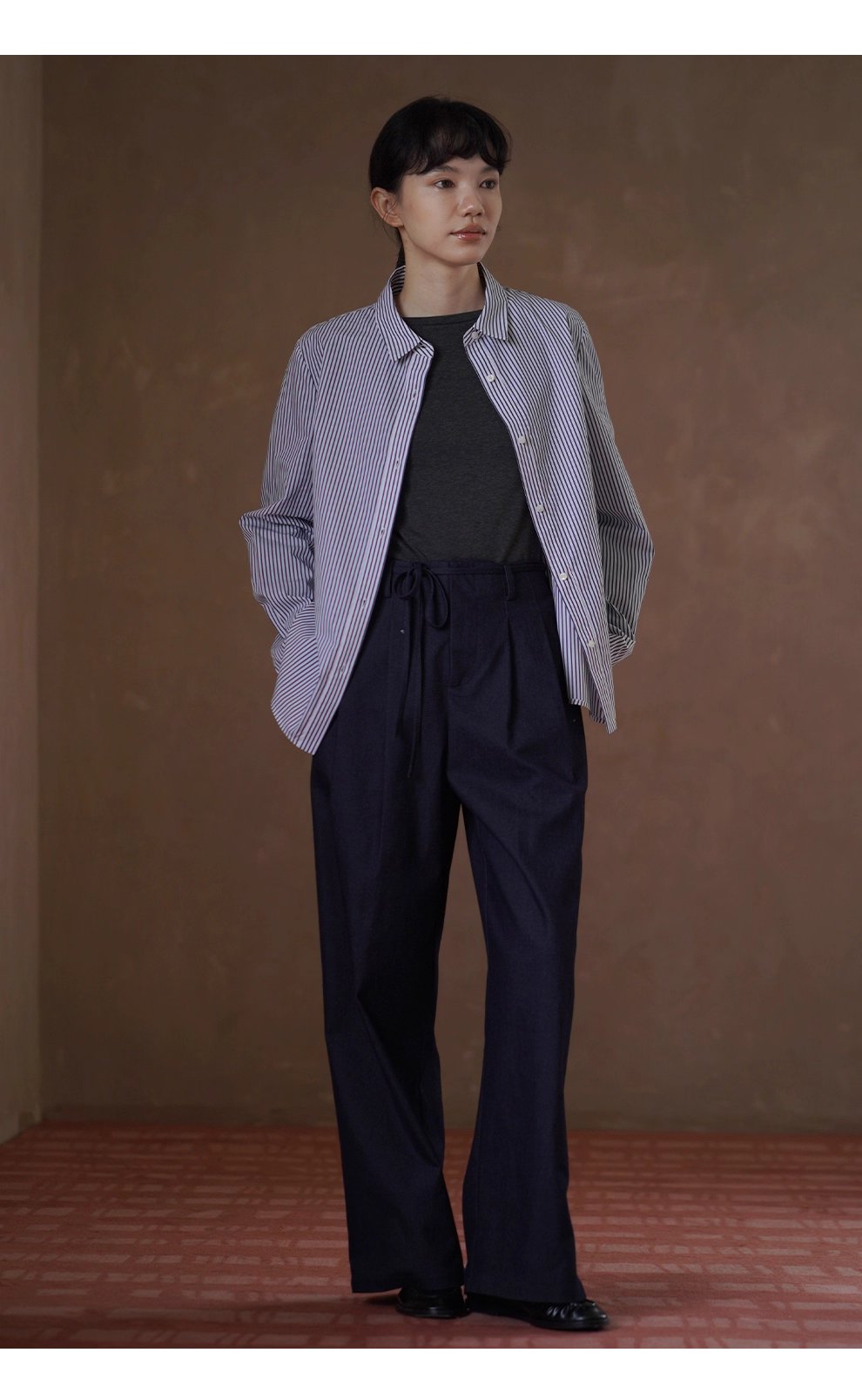 高品質100棉色織條紋法國經典寬鬆通勤可拆式蝴蝶結襯衫