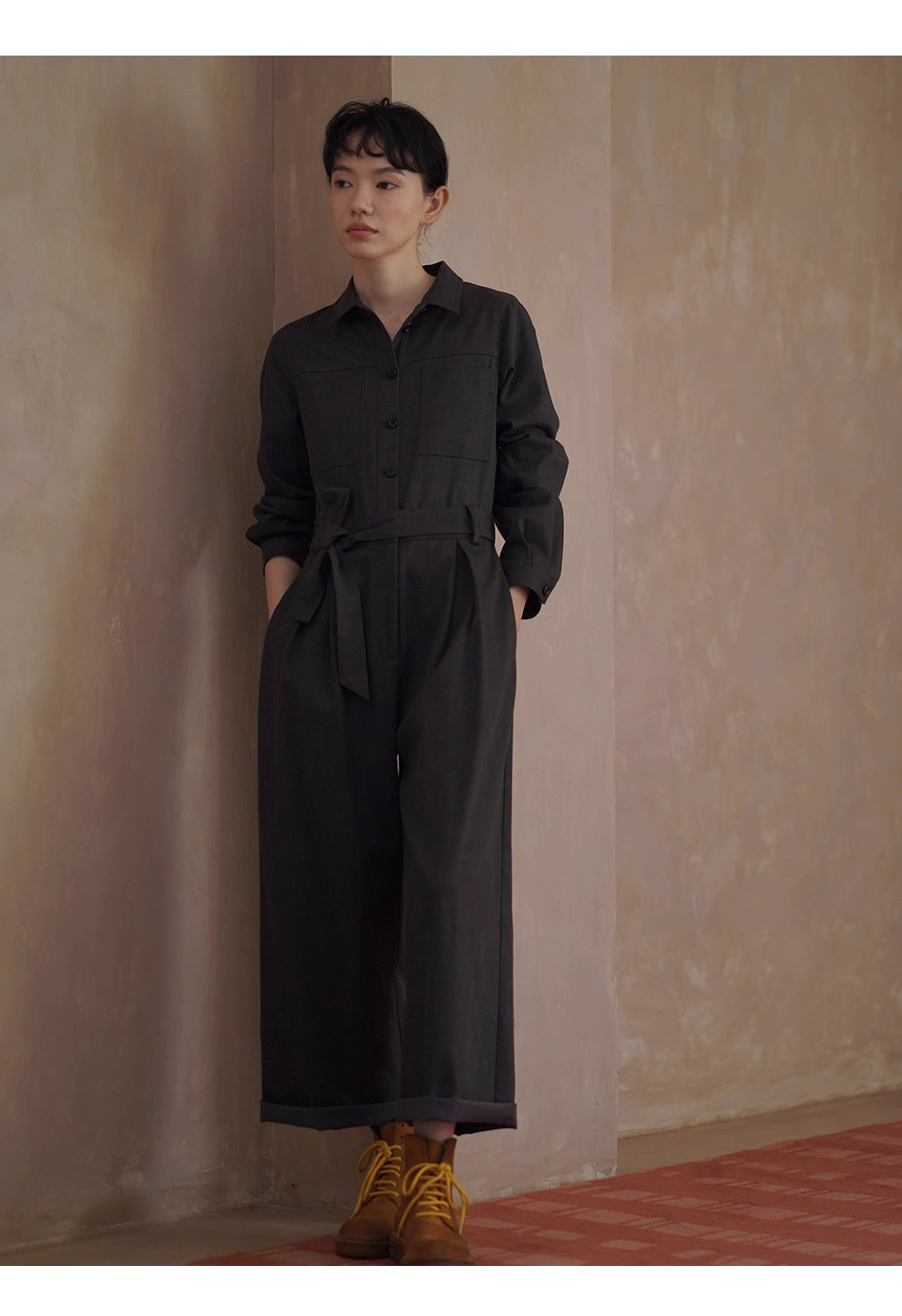 酷颯都市工裝寬鬆襯衫領闊腿顯瘦萊賽爾棉通勤連身褲