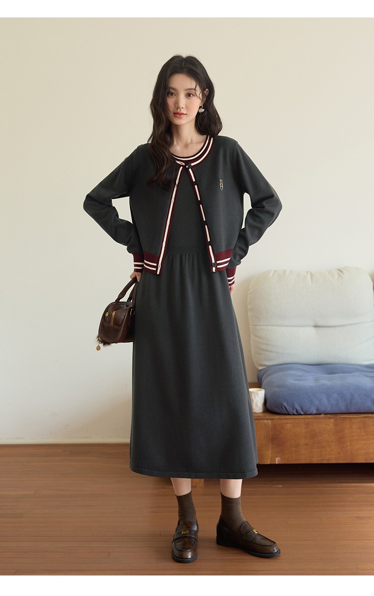 大尺碼套裝背心連身裙洋裝針織開襟衫兩件套裝