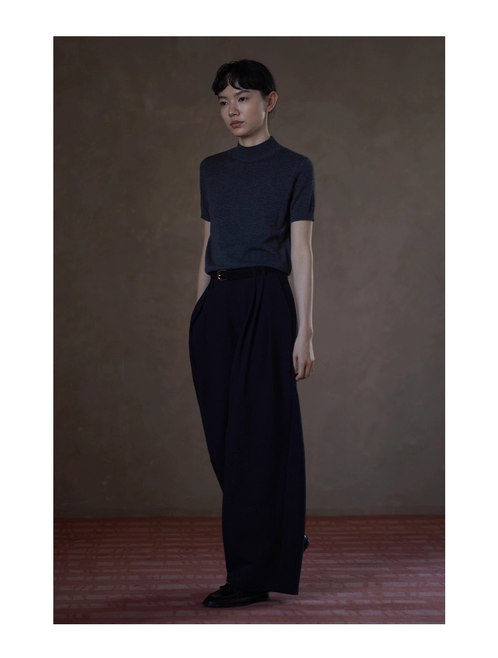 鬆弛顯瘦版型雙面織造斜紋西褲布料高腰闊腿通勤長褲女