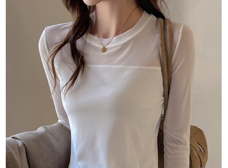 薄款內搭圓領長袖T恤性感微透網紗拼接打底上衣