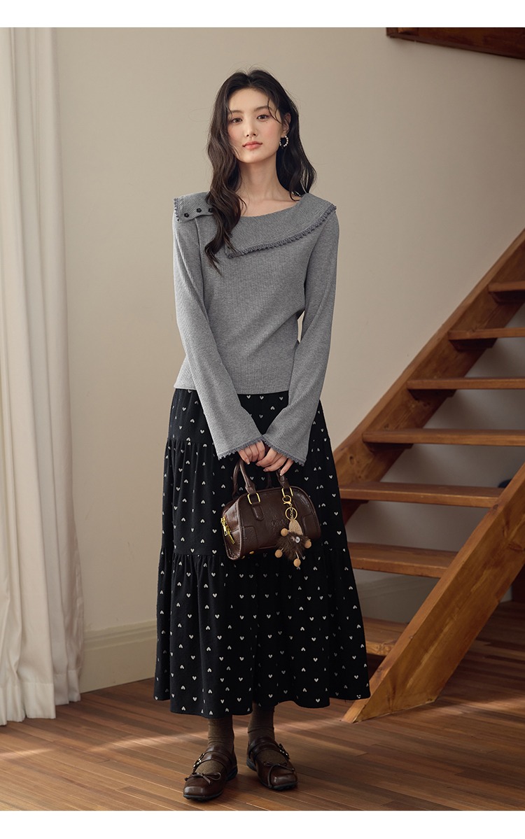 中大尺碼胖mm灰色針織衫女新款長袖斜領上衣