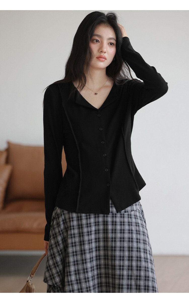 大尺碼胖mm長袖T恤全新款黑色半開領收腰上衣