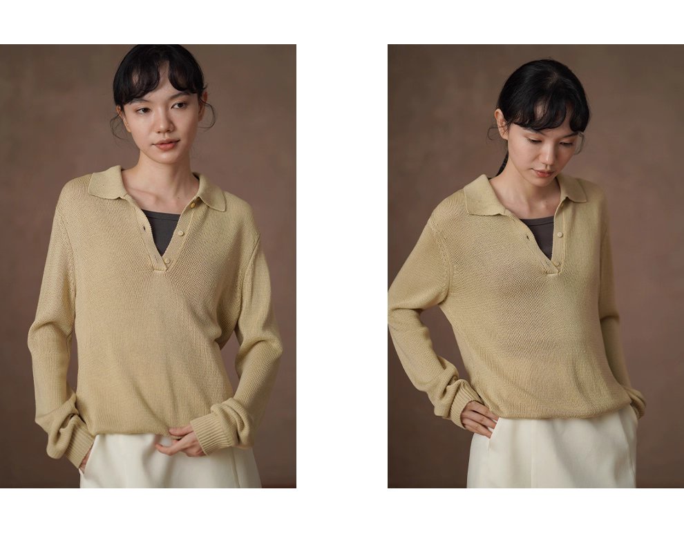 溫和薑茶亞麻鬆弛寬鬆復古顯瘦Polo領針織落肩通勤上衣