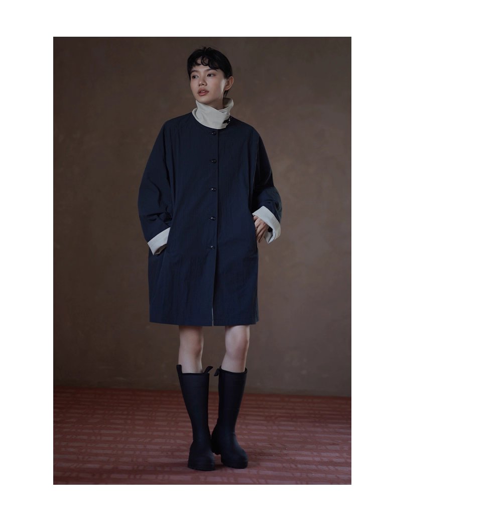 細節滿滿原創外套撞色拼接立領皮袢中長款寬鬆顯瘦風衣