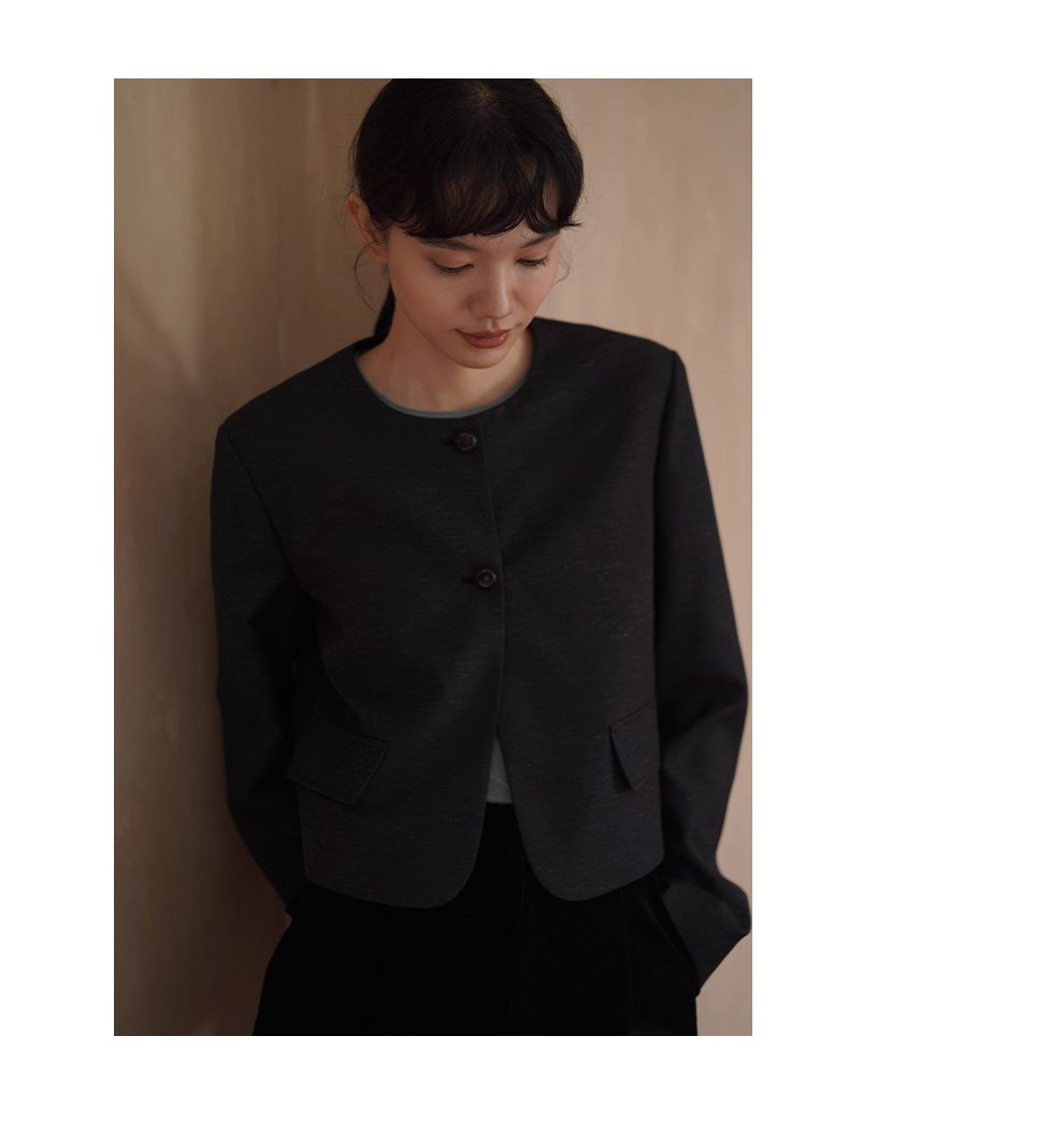 深空亞麻肌理感圓領通勤短外套經典俐落簡約顯瘦西裝女