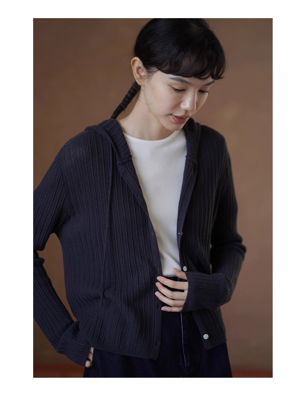 48支超細美利奴羊毛混紡顯瘦坑條織法寬鬆連帽針織開襟衫