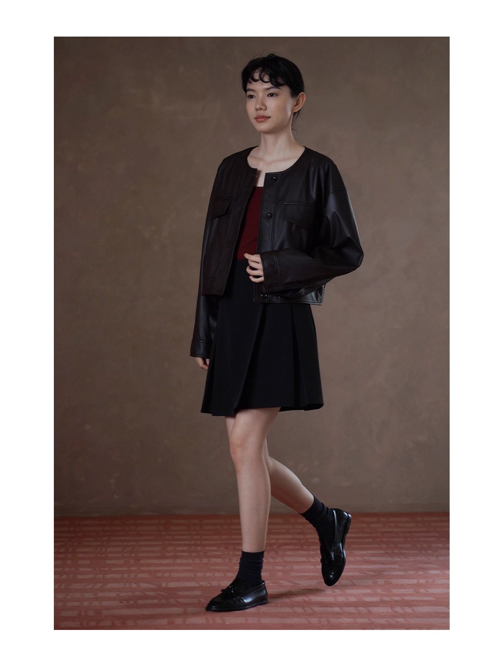 復古回潮細膩軟糯圓領廓形寬鬆顯瘦短款小個子皮衣夾克