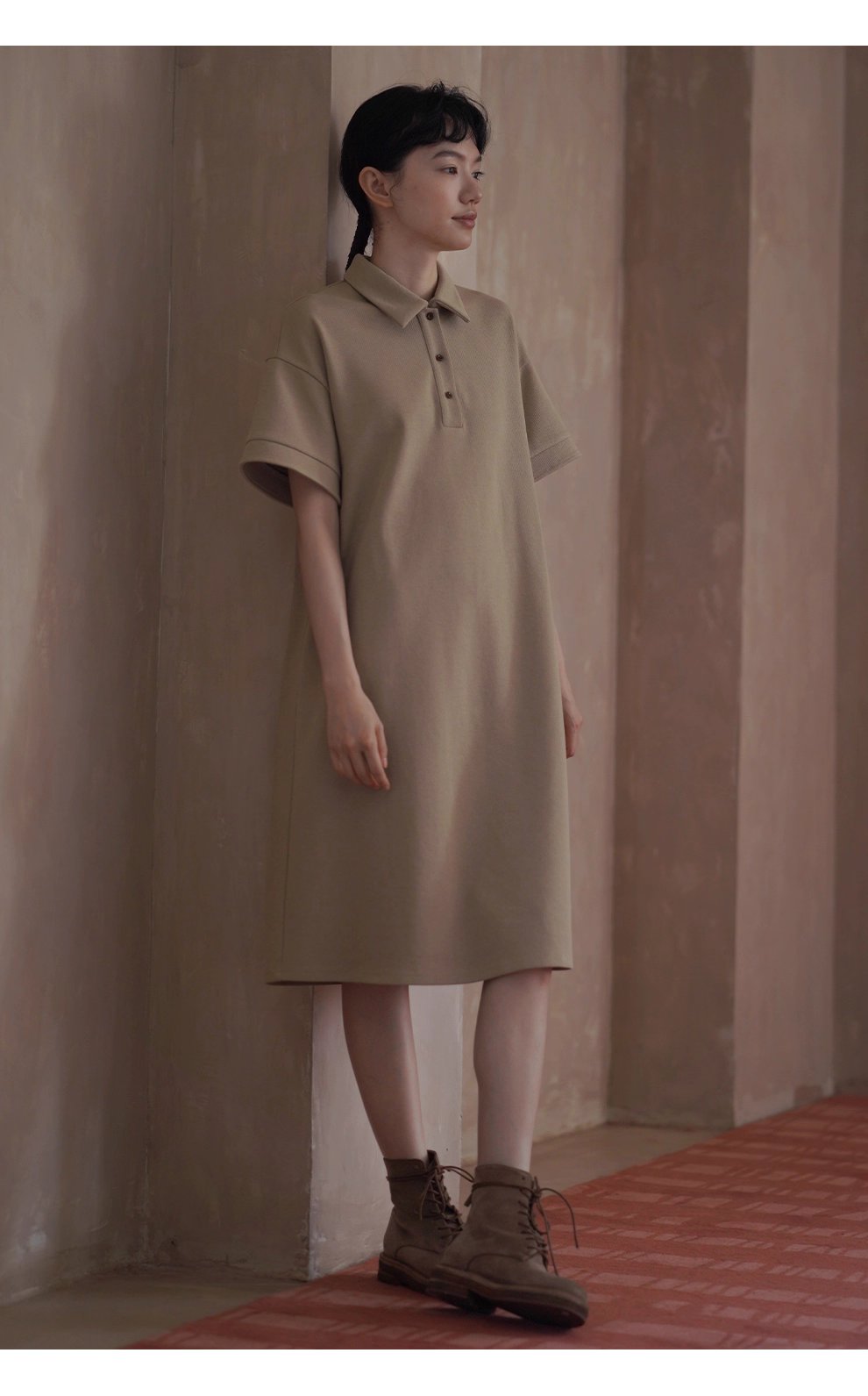 入秋的選擇寬鬆落肩顯瘦不挑人直筒polo領學院風洋裝