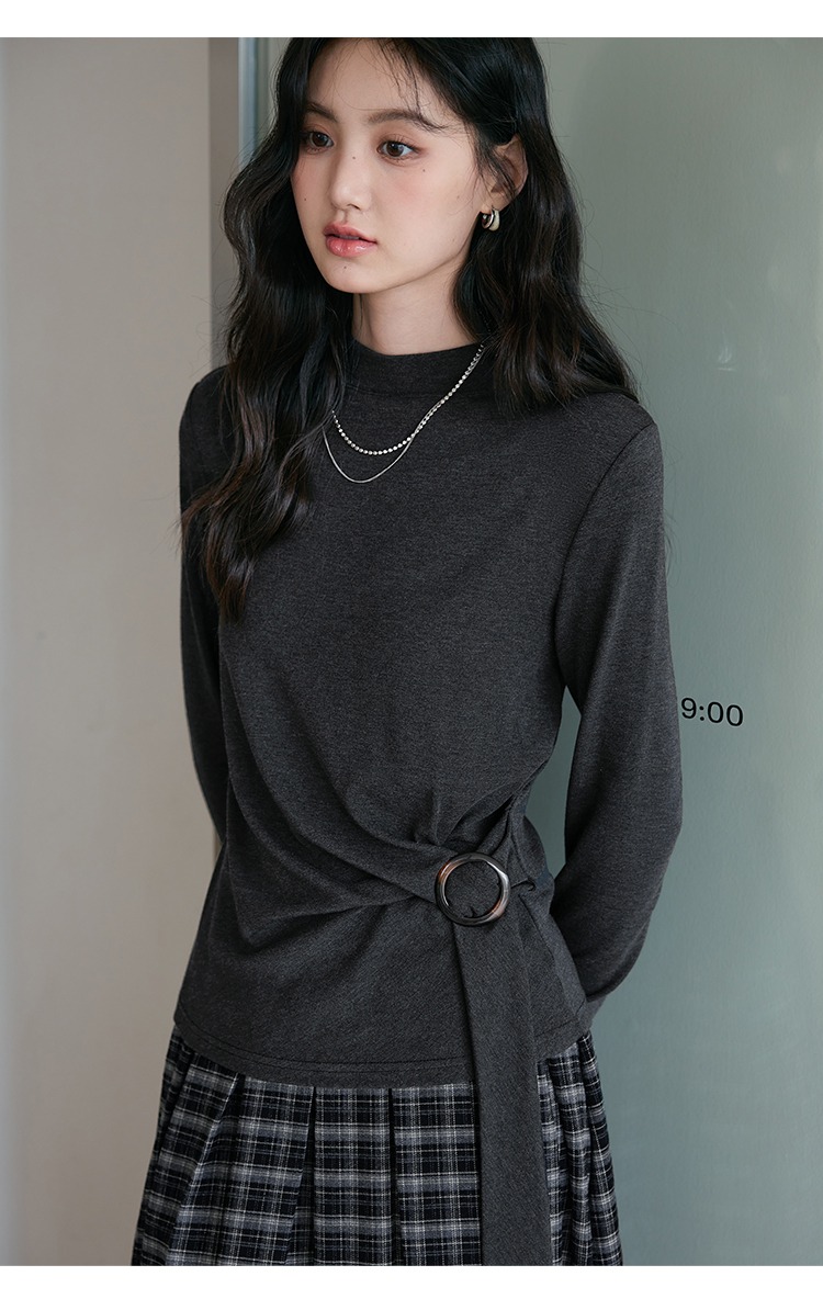 中大尺碼長袖T恤女飄帶上衣半高領打底衫上衣