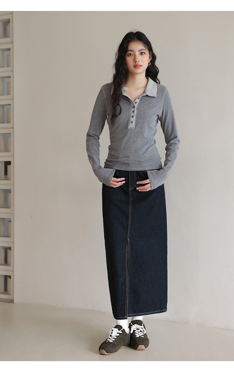 大尺碼正肩Polo領子長袖T恤女灰色上衣