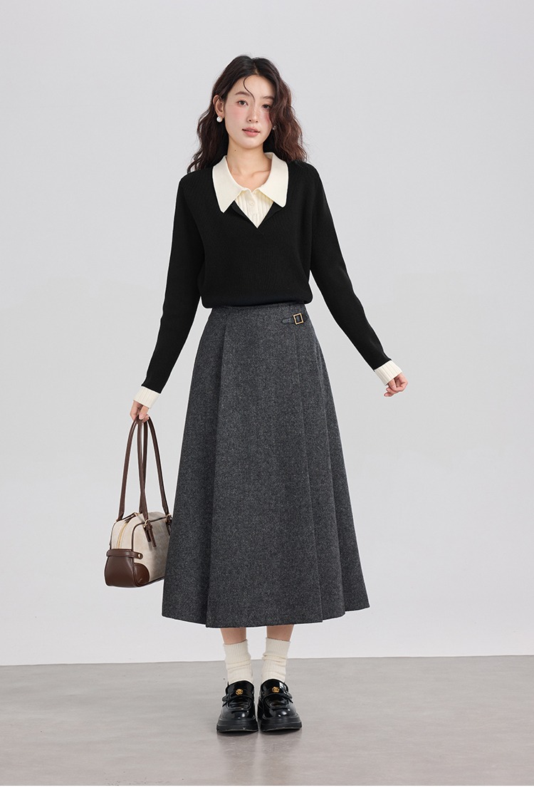 大尺碼灰色毛呢半身裙胖mm顯瘦秋冬A字長裙