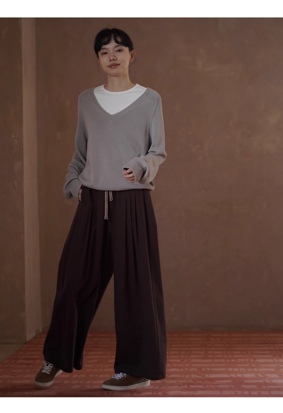 榛果拿鐵長褲顯瘦輪廓柔軟寬鬆織帶抽繩高腰遮肉闊腿褲