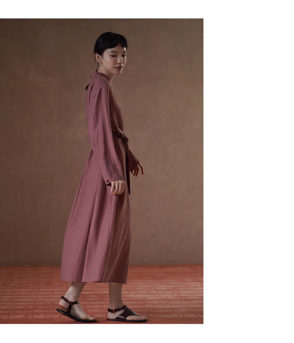 清雅芍藥顯白亞麻混紡透氣挺括顯瘦寬鬆立領襯衫洋裝