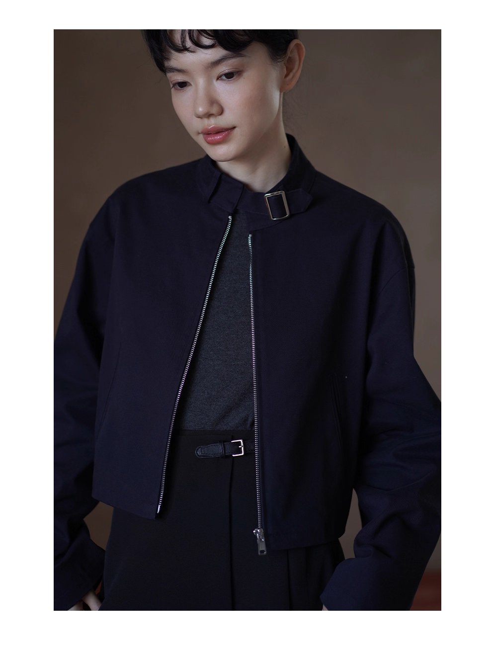 簡約騎士夾克立領日字袢小個子短款寬鬆落肩顯瘦外套女