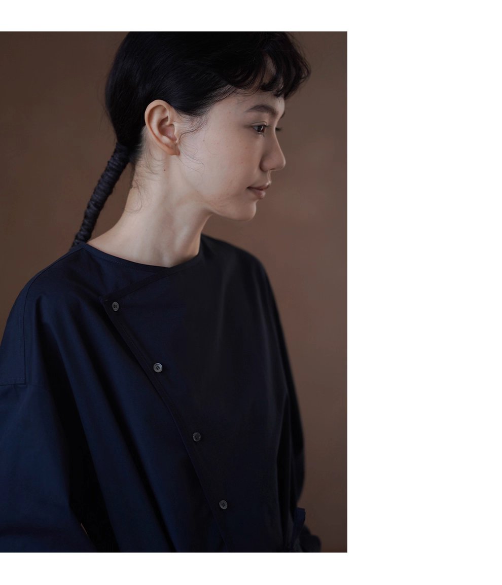 不對稱美學斜門襟洋裝挺括100%棉長遮肉顯瘦裙女