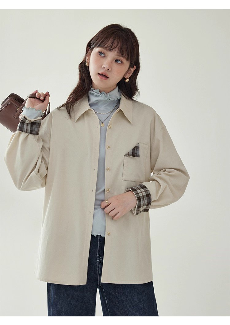 撞色格紋燈芯絨長袖襯衫女秋季新款翻領外套上衣