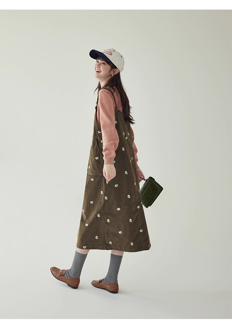 減齡刺繡純棉背帶洋裝女秋季新款後開叉a字裙