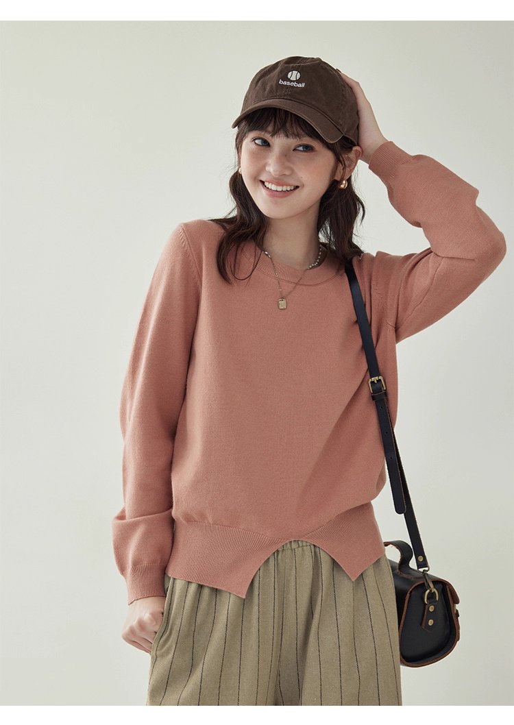 簡約純色下擺開叉針織衫女秋季新款圓領長袖上衣
