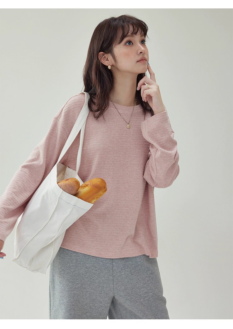 韓系藍線圓領長袖T恤女秋季新款簡約寬鬆上衣