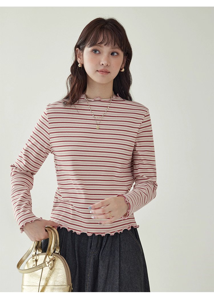 下擺扣條紋兩穿內搭T恤女秋新款花邊長袖上衣
