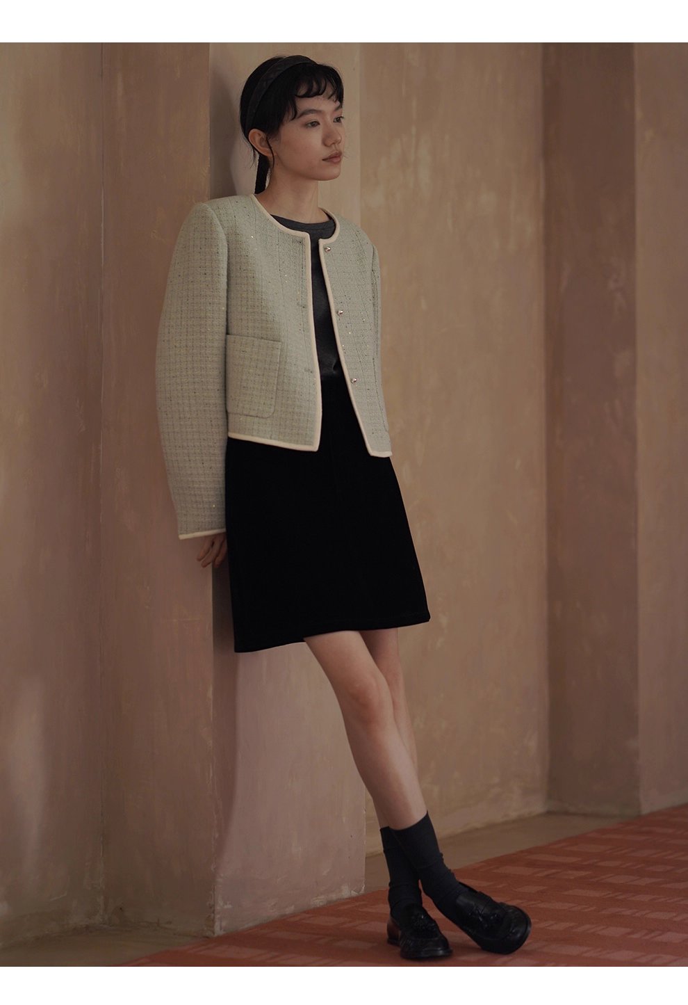 茉莉花紗編織小香羊毛混紡肌理感通勤顯瘦短版西裝外套