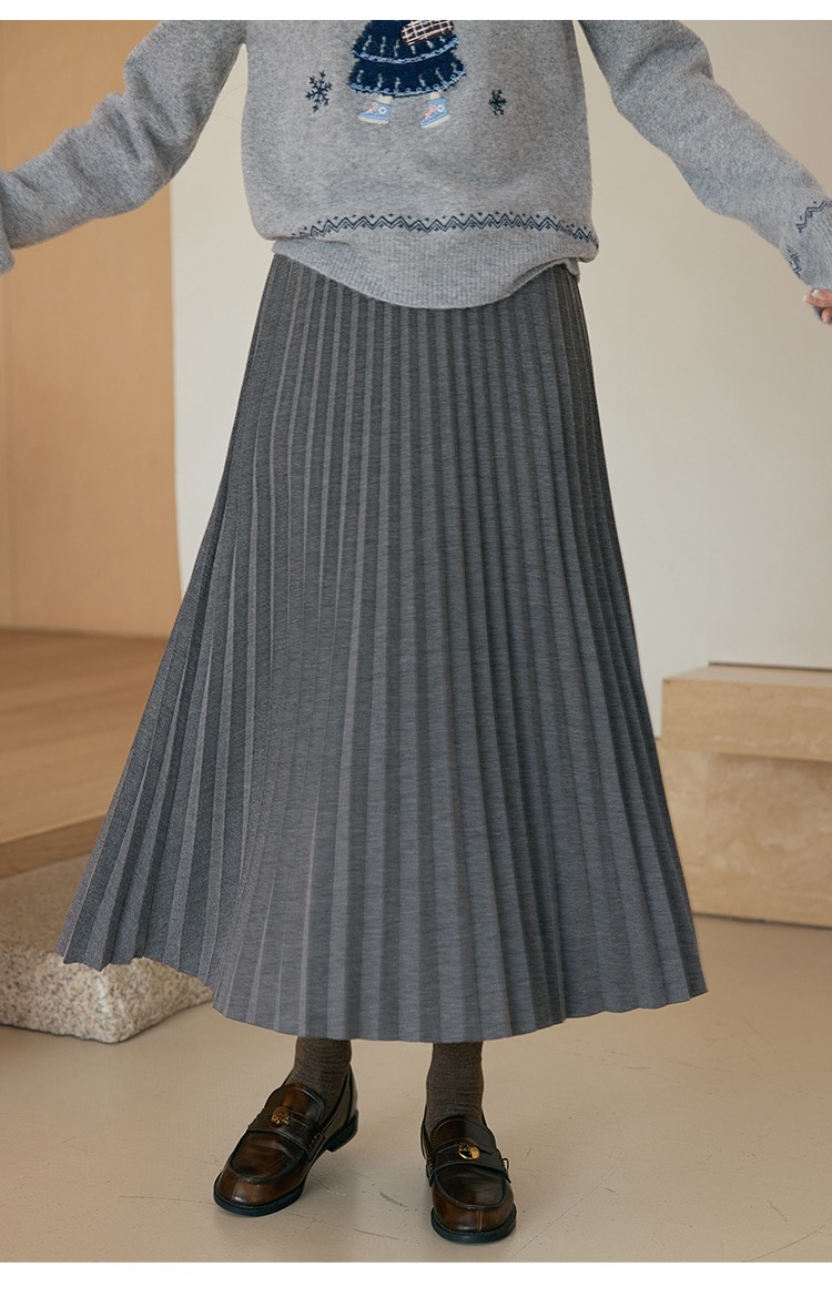 大尺碼女裝高腰A字半身裙灰色百褶裙長款裙子