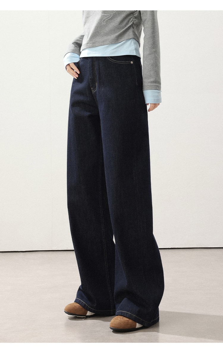 高腰直筒牛仔褲胖mm顯瘦深藍色寬褲