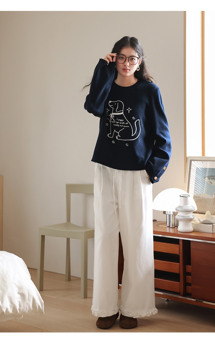 大尺碼小狗刺繡毛衣慵懶針織衫秋冬寬鬆上衣