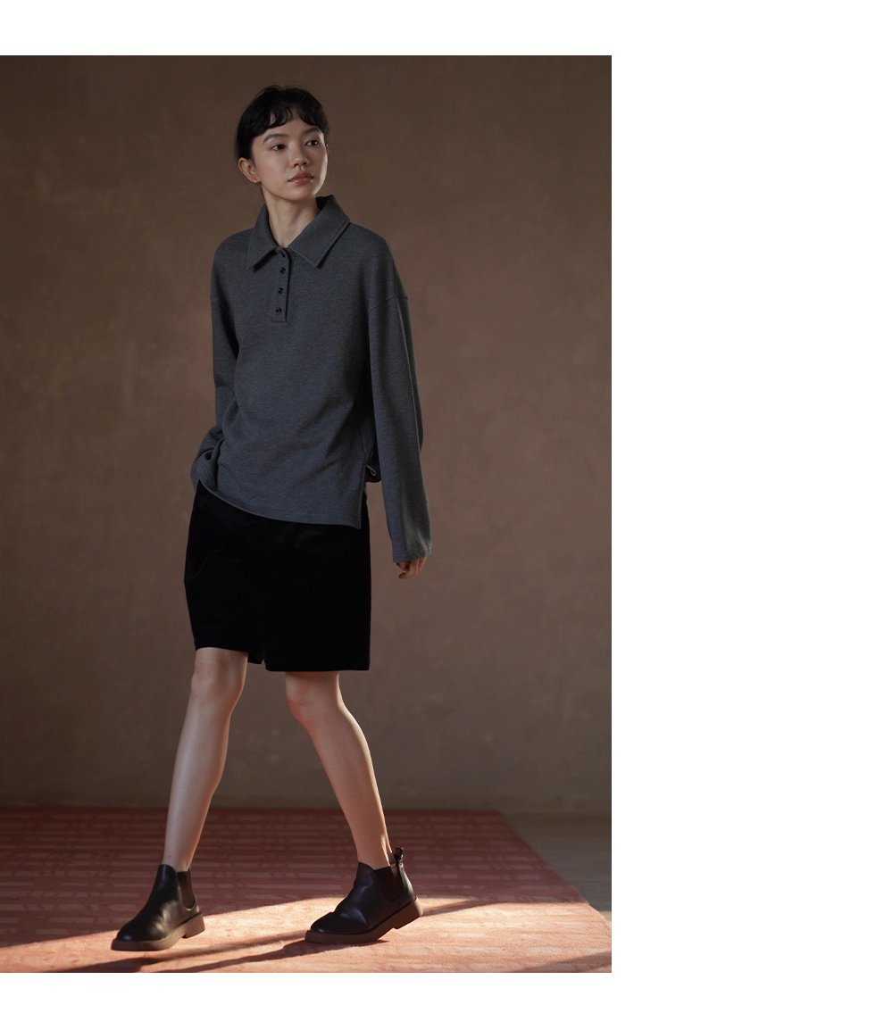 復古經典休閒碰撞Polo領寬鬆顯瘦100棉做舊花灰落肩衛衣