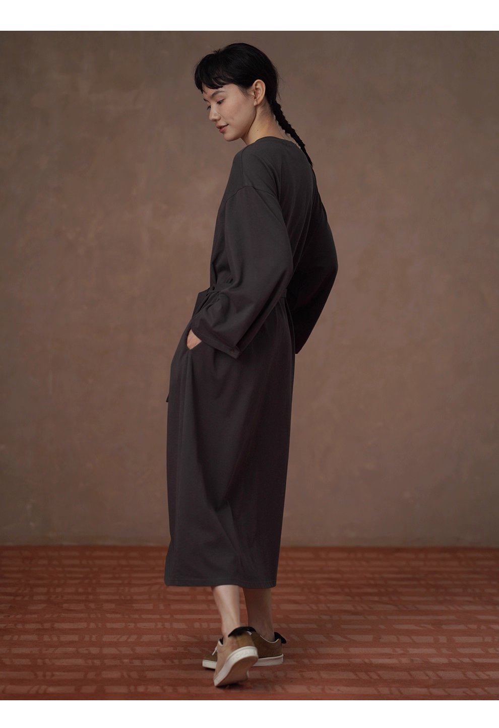 綿柔禪意100棉寬鬆直筒圓領可調式腰帶顯瘦藏肉通勤裙子