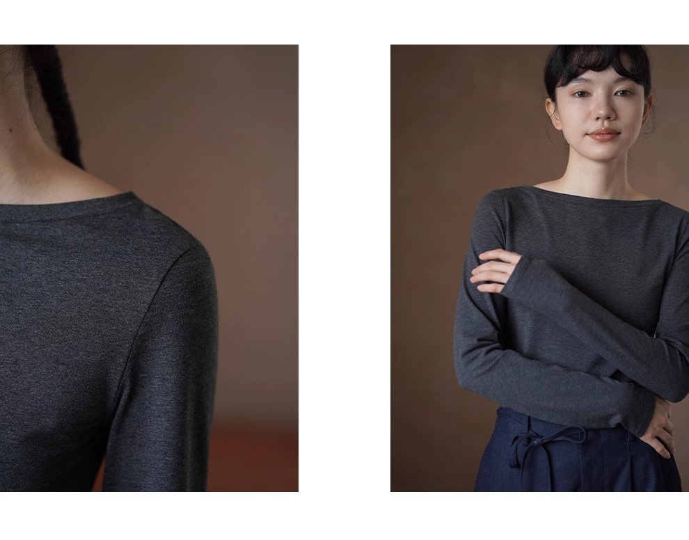 S級基本款內搭深花灰肌理彈性顯瘦合身一字領長袖上衣女