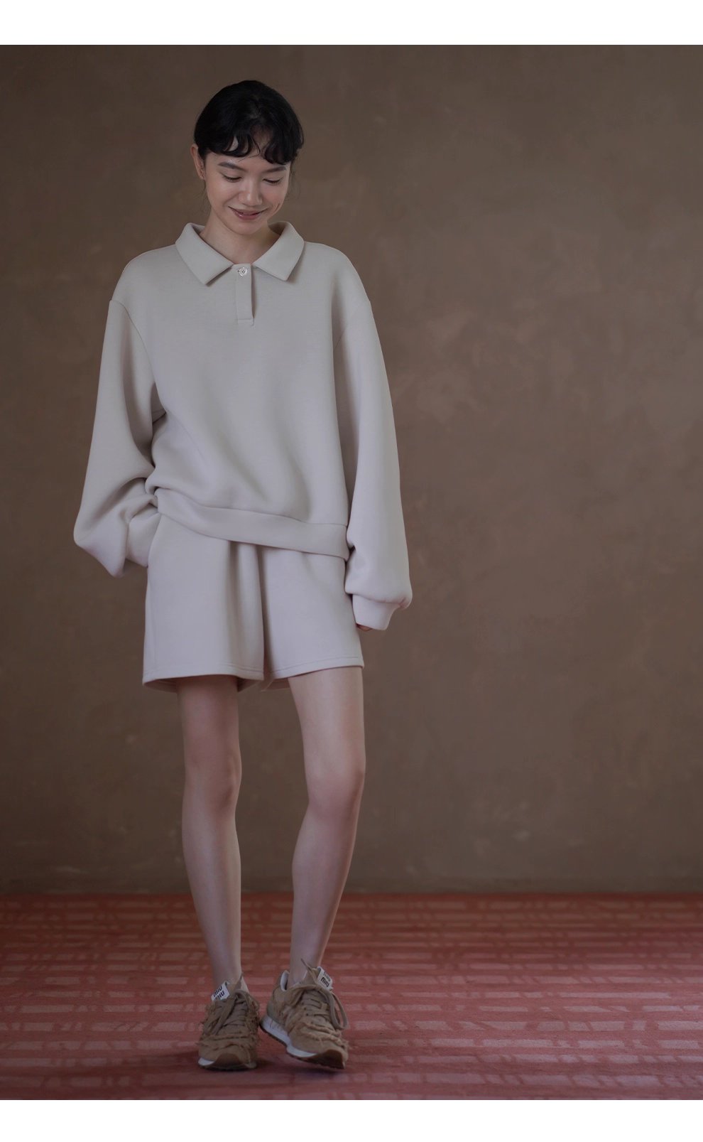 綿軟暖糯衛衣套裝寬鬆落肩Polo領顯瘦上衣鬆緊高腰短褲