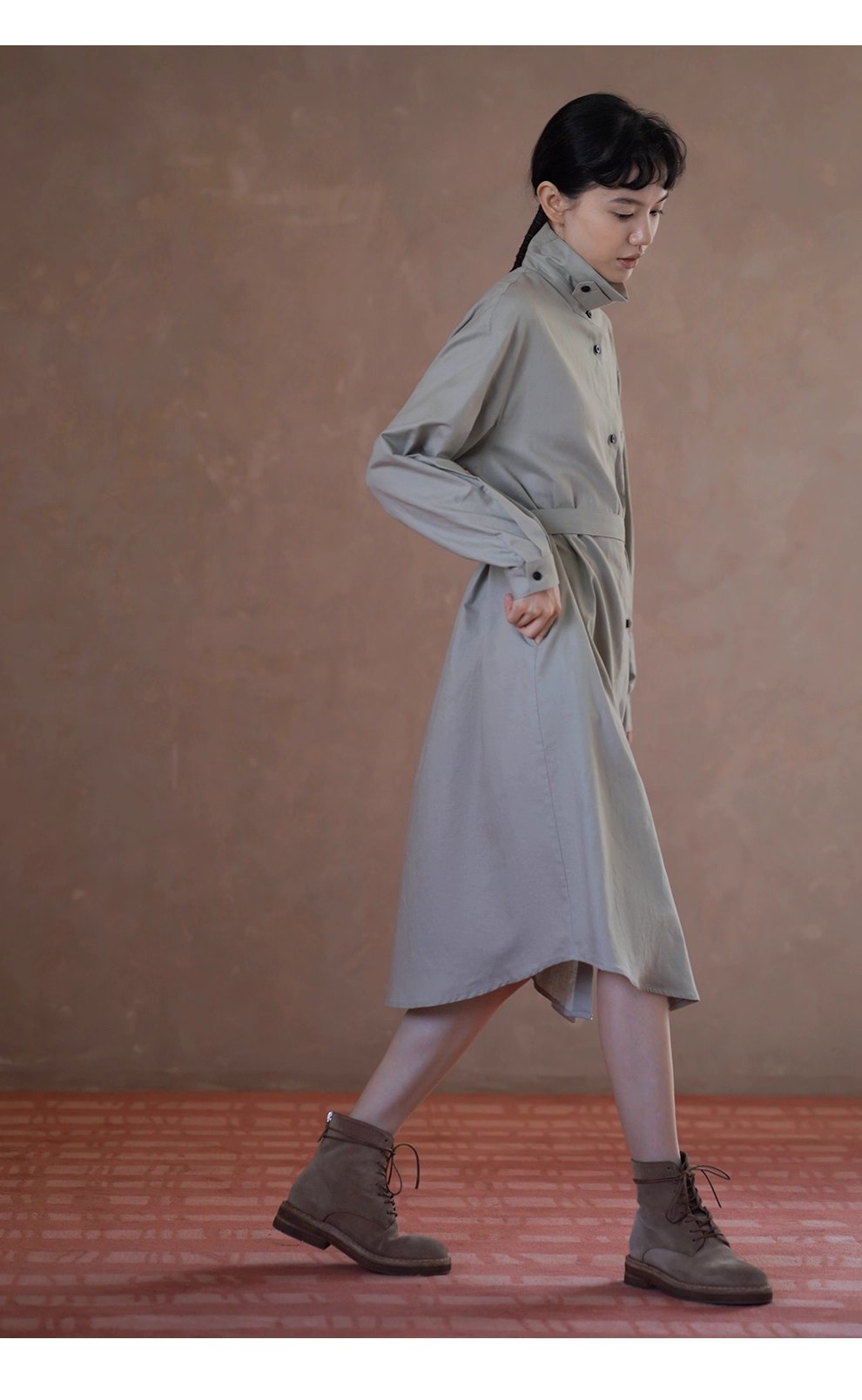 日常友善清透亞麻棉混紡襯衫領寬鬆H版型腰帶通勤洋裝