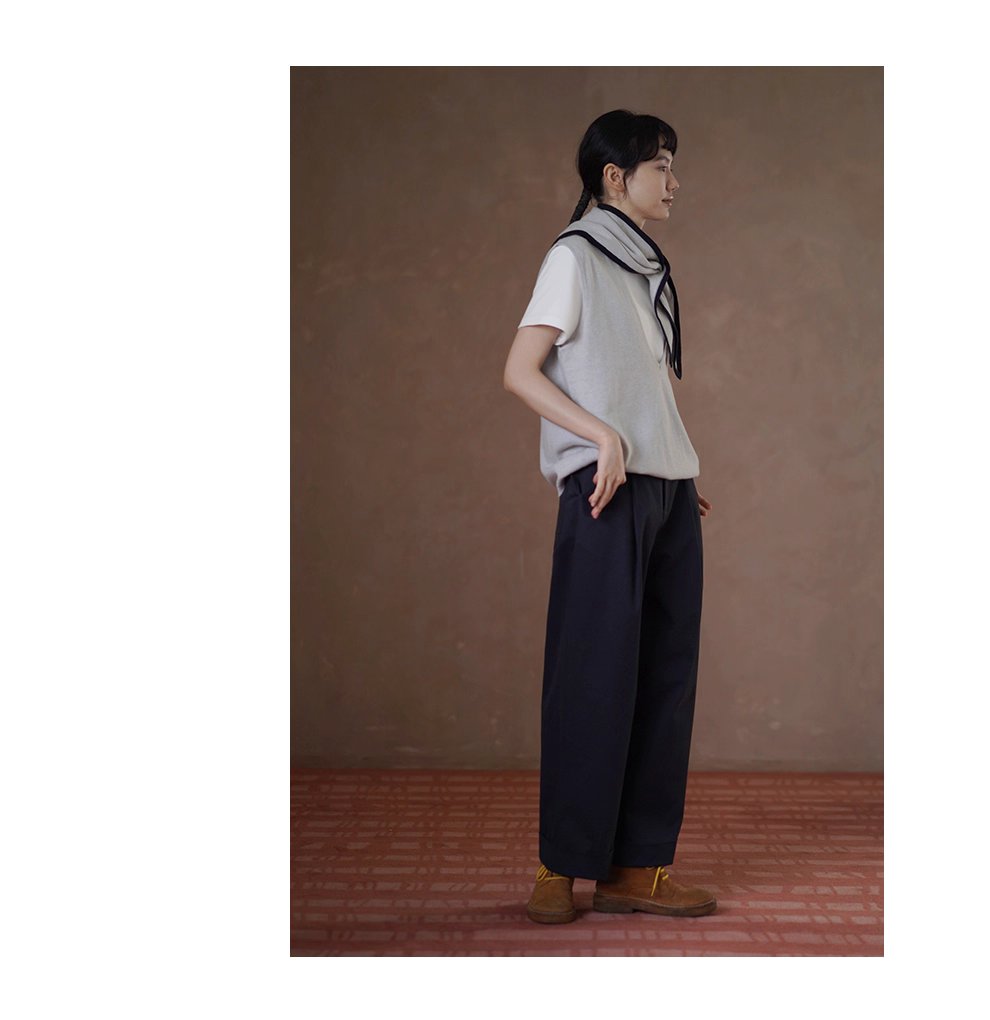 無可挑剔挺括棉感可調式腰帶直筒寬鬆闊腿顯瘦高腰長褲