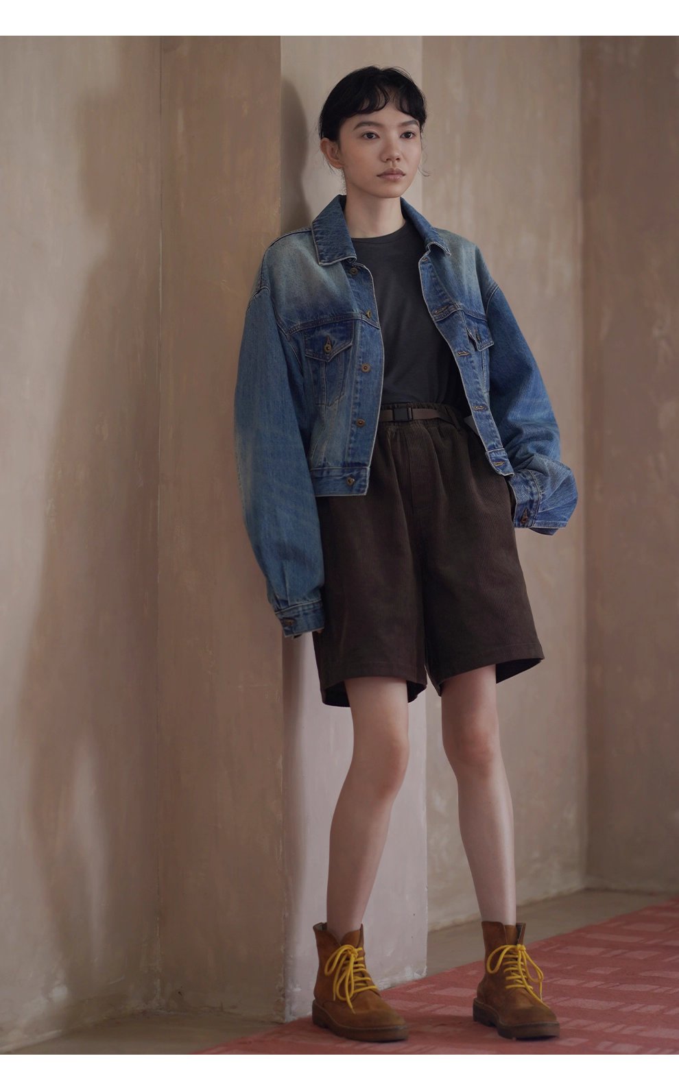 重回80年復古磨白柔軟水洗高克重長絨棉寬鬆牛仔外套女