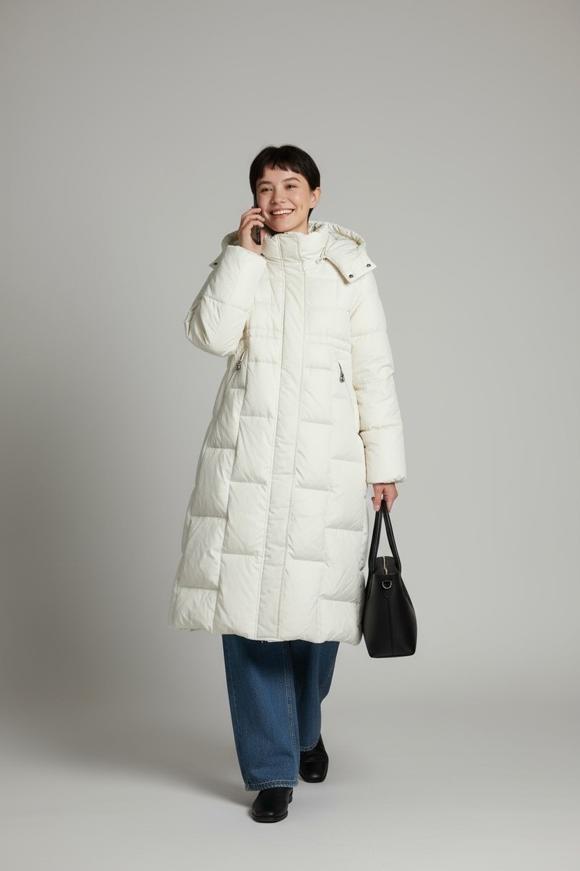 冬季重工簡約充絨工藝90白鴨絨連帽不厚重長羽絨服
